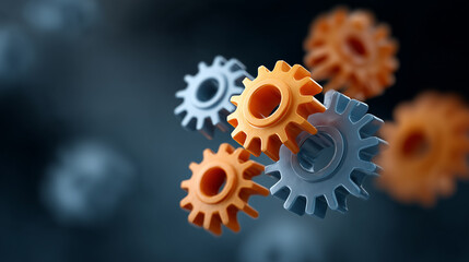 Colorful gears of different sizes interlocking in a dynamic arrangement on a dark background representing teamwork and collaboration in engineering design