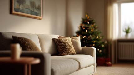 Cozy living room with a stylish sofa, decorations, and a beautifully lit Christmas tree amidst a warm, inviting atmosphere perfect for holidays