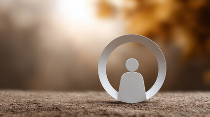 Minimalist 3D Figure Inside Circular Frame Symbolizing User Experience and Human Connection in Natural Setting with Soft Bokeh Background