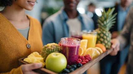 Medium shot of coworkers sharing fresh fruits and smoothies during a wellness break emphasizing nutritious habits at work.