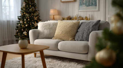 Cozy Living Room Decorated for the Holidays with Stylish Sofa, Plush Cushions, Christmas Tree, and Warm Ambient Lighting