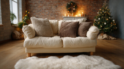 Cozy living room scene with a comfortable sofa, warm lighting, decorative pillows, and a festive holiday atmosphere featuring a beautifully adorned Christmas tree