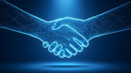 A glowing blue handshake between two people in a dark background