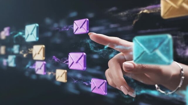 Hand touching neon envelope email message digital communication network technology touch digital neon holographic interface glowing touchscreen interaction futuristic message notification transfer