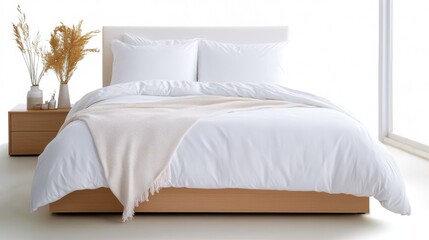 Serene white bed adorned with soft blanket and pillows in tranquil space