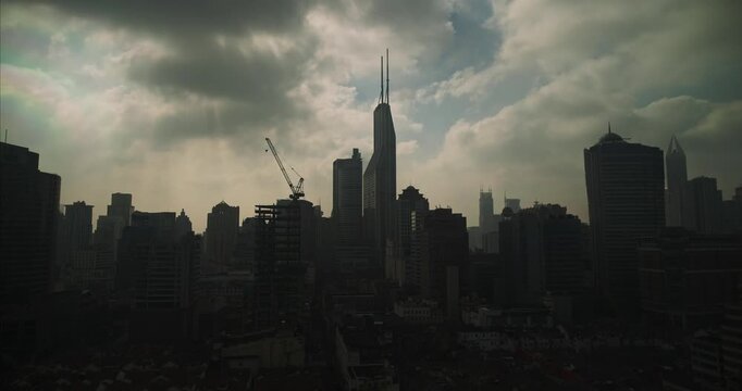 Shanghai, China. Time-lapse Urban Skyline with construction site works. crane working development. City Business Center. Smog Over City. Shanghai Waitan Residential District. Modern Shanghai