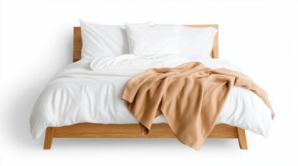 Cozy white bed with blanket and pillows inviting comfort and relaxation