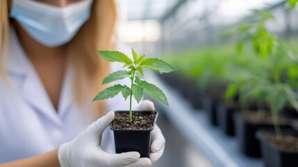 Female botanist examines plant sample in greenhouse for quality control
