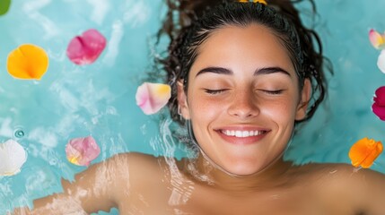 Relaxing woman floats amid colorful flower petals in tranquil water
