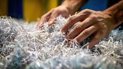 Medium shot of hands feeding financial statements into a crosscut shredder highlighting the safe disposal of personal and corporate data.