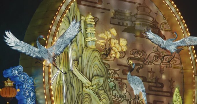 Beijing, China. Zigong Lantern Festival In Beijing. Amazing Lighting Composition Of Cranes. Cranes Are Important Motif In Chinese Mythology. Crane Symbolizes Immortality, Longevity, Vigilance