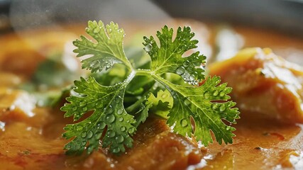 A vibrant sprig of fresh curly parsley elegantly garnishes a rich savory and appetizing stew highlighting the culinary artistry and the use of fresh herbs in delicious homecooked or restaurantquality.