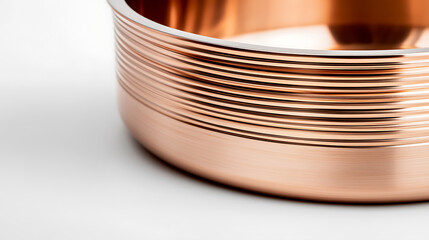 A close-up of a shiny, copper-colored metallic object with horizontal, linear ribbing detail, set against a bright white background, showcasing a blend of textures and hues.