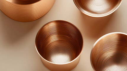 Elegant copper bowls with intricate circular patterns, reflecting light with warmth and sophistication, set against a subtle beige background, creating a modern aesthetic.