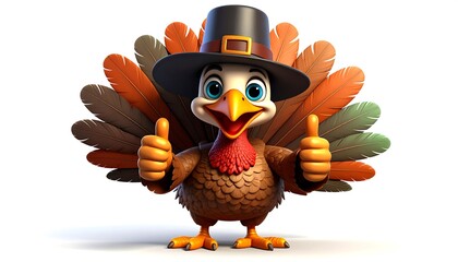Thanksgiving Turkey Cartoon Character with Pilgrim Hat and Thumbs Up.