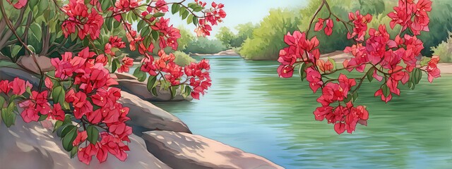 Bougainvillea by the Serene River Vivid red bougainvillea flowers cascade gracefully, framing a tranquil river scene where sunlight dances. An embodiment of peace and the beauty of nature.