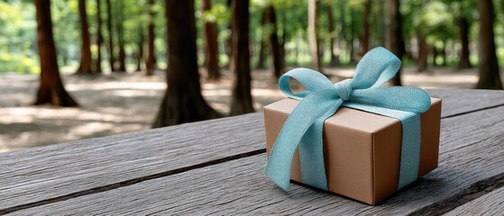 A beautifully wrapped gift box rests on a wooden table in a sunny park, surrounded by greenery and people enjoying the day