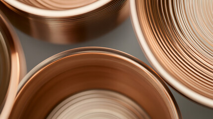 Abstract view of rolled metal sheets, showcasing their circular formations. The metallic finish creates a mesmerizing pattern, ideal for backgrounds and design elements.