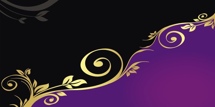 Elegant dark background with golden ornate floral swirls bordering rich purple gradient space for text - Powered by Adobe