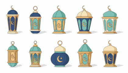 Beautiful collection of ornate Ramadan lanterns, featuring intricate Islamic crescent moon and star patterns, with elegant stylized frames and translucent panels