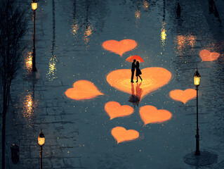 Couple walking on heart-shaped pathway in rain