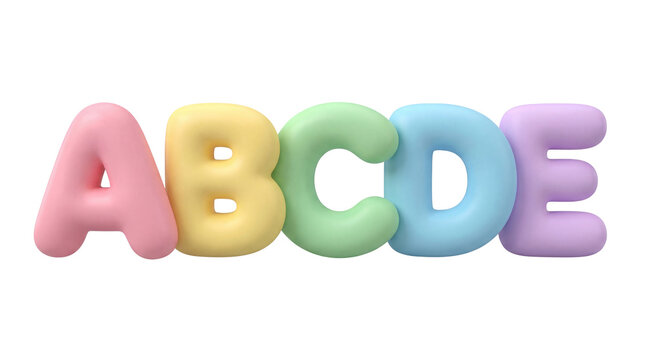Colorful 3d letters abcde in pink, yellow, green, blue, and purple on transparent background