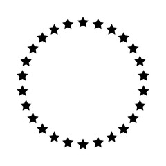 Obraz premium Stars of various sizes arranged in a circle. Round frame, border. Black star outline, simple symbol. Design element, ornament. Line art. Vector illustration