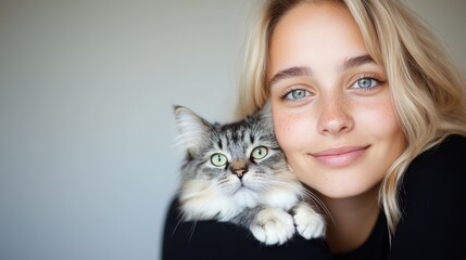 Young woman enjoys precious moments with her beautiful monochrome cat