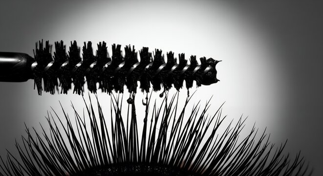 Macro mascara wand applying black mascara to eyelashes, dramatic monochrome beauty closeup