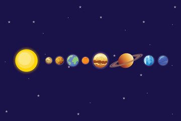 Order of planets in the solar system against the backdrop of stars. Moon star Sun planet Concept. Colored flat vector illustration isolated © Sell Vector