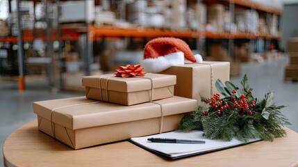 A collection of holiday gifts and decorations sits on a wooden table in a spacious warehouse filled with boxes, ready for Christmas
