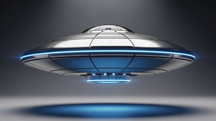 Obraz premium A sleek, silver flying saucer with glowing blue lights hovers mysteriously in a dark, futuristic environment, representing advanced extraterrestrial technology and space exploration