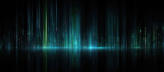 A digital abstract visualization featuring vertical lines of turquoise and green light on black