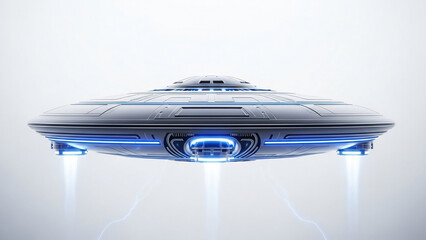 Futuristic Flying Saucer UFO with Glowing Blue Lights Descending from the Sky