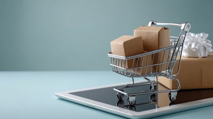 A small shopping cart with a cardboard box sits on top of a digital tablet, representing online shopping and modern retail