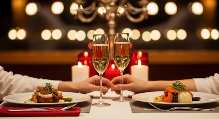 Romantic dinner for two with champagne, candles, and hands holding, creating an intimate atmosphere for valentines day