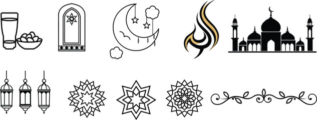 Fototapeta premium Islamic Ramadan Design Elements Vector Set Including Mandala Lantern Mosque and Patterns Isolated