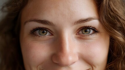 Fototapeta premium Close up portrait of a woman s bright smiling eyes with warm hazel irises and subtle freckles on her skin