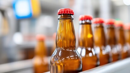 Bottles moving along the conveyor belt at a bustling beer factory