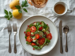 Fresh summer salad with lemon and tea