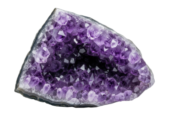 Ultra close-up of a raw, untreated amethyst geode specimen, showing translucent deep violet crystals, irregular fractures, and waxy textures on a white background. Concept of geological complexity