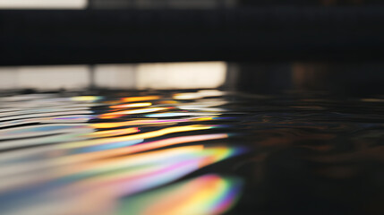 Captivating iridescence dances on rippled water's surface, creating a vibrant tapestry of light and movement. The close-up shot highlights the interplay of color and texture.