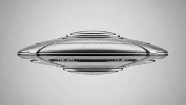 Sleek metallic flying saucer, a mysterious advanced spacecraft, hovers silently, embodying the enigma of unexplored extraterrestrial technology and potential cosmic encounters