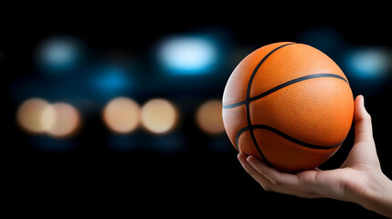 Hand holding basketball with blurred stadium lights in background