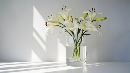 White flowers in vase on bright minimal table
