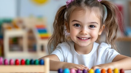 Enchanting girl joyfully engages with an abacus in playful learning space