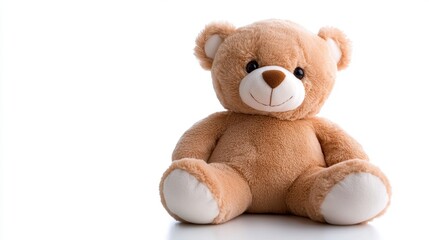 Soft children's toy bear on a white background inviting cuddles and joy