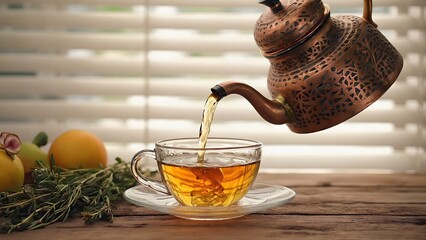 Tea being poured into glass cup with steam
