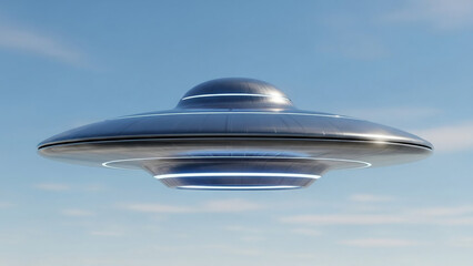 Futuristic Metallic Flying Saucer Hovering in a Clear Blue Sky with Subtle Glow