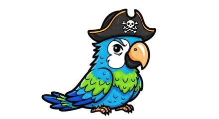 Cute cartoon pirate parrot with a hat and skull logo, isolated.